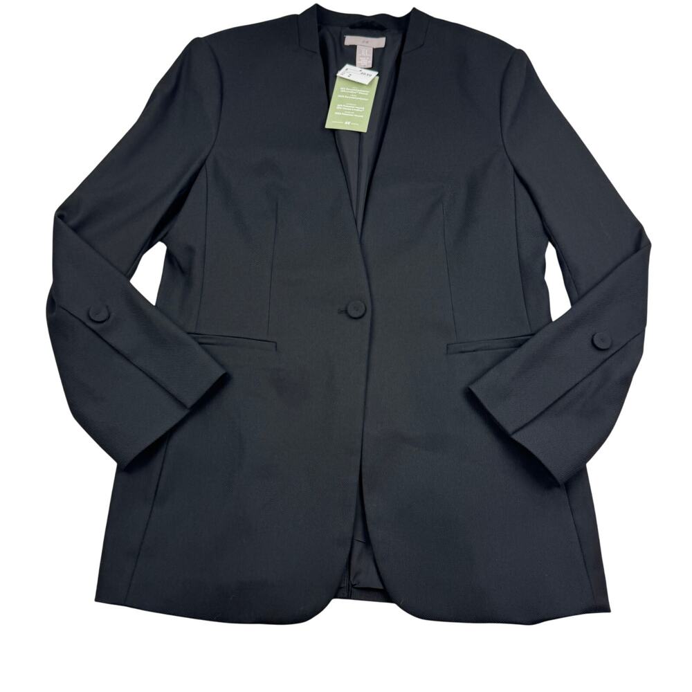 H&M Viscose Textured Single Button Long Line Flared Sleeves Blazer Women's M